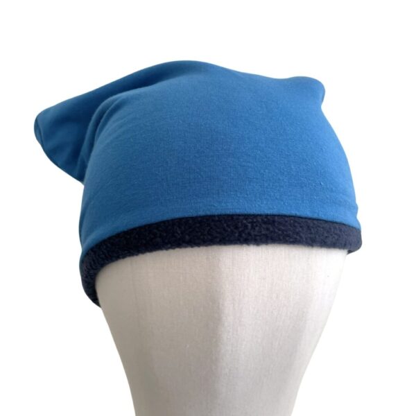 Blue fleece lined slouchy cotton beanie hat unisex