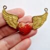 Heart and wing pendant - connector - red - gold