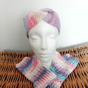 Pastel Sparkle crochet Ear Warmer headband and Fingerless Gloves set.