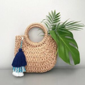 Blue and white three tiered cotton tassel keychain for bags
