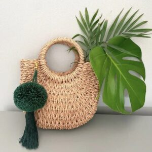 Dark green big pom pom and tassel keychain for straw bag