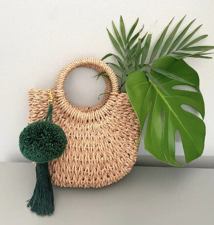 Dark green big pom pom and tassel keychain for straw bag