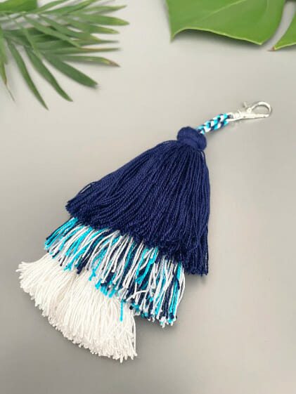 Handmade Blue and White Tiered Tassel Keychain for Beach Bag