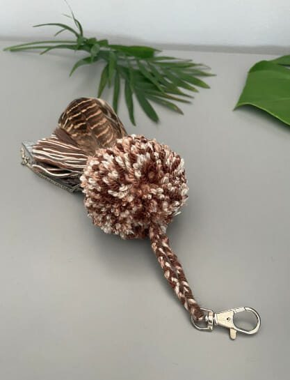 Brown Boho Pom Pom Feather Leather Keychain