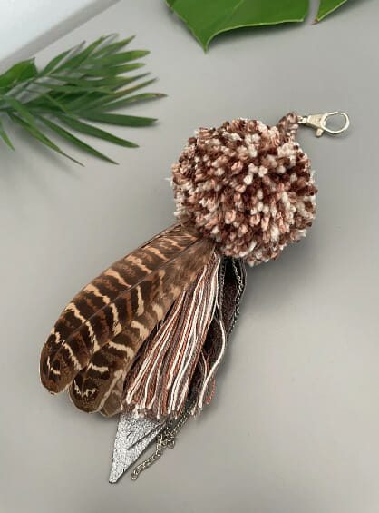 Brown Boho Pom Pom Feather Leather Keychain