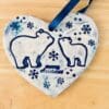 Blue heart hanging ornament with polar bears - Mum and cub bear - Christmas ornament - tree hanger