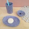 Mandala soap dish and toothbrush pot set, Aqua or purple bathroom accessory, Stoneware pottery, home decor, Indian inspired ceramics - Image 2