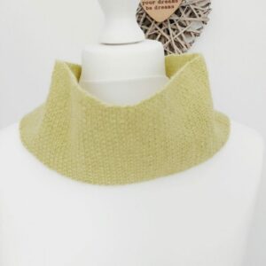 Soft sunflower yellow crochet cowl scarf, shown on a white mannequin from Sarah Lou Crafts.