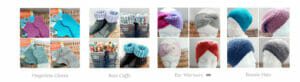 Website screenshot from SarahLouCrafts.co.uk showing mitts, boot cuffs, ear warmers and beanie hats collection.