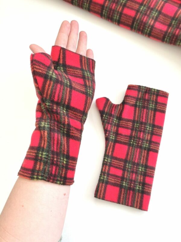 Red tartan fingerless wrist warmer gloves
