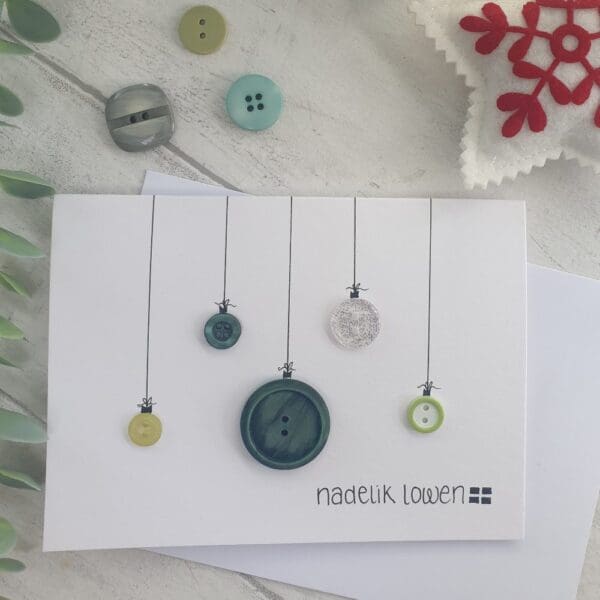 Christmas bauble buttons cards in greens Nadik Lowen 'Happy Christmas' in cornish