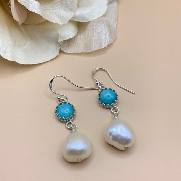 Amazonite and Pearl silver drop earrings