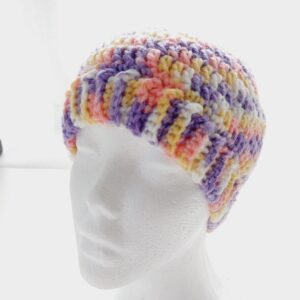 Crochet beanie hat with narrow brim in a variegated yarn called Cotton Candy.