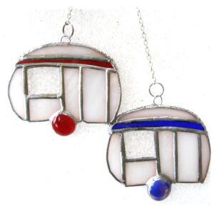camping caravan mini blue red classic stained glass suncatcher