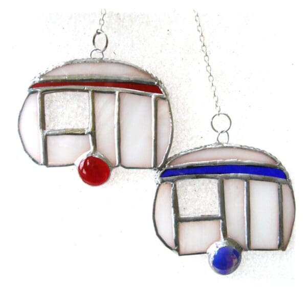 camping caravan mini blue red classic stained glass suncatcher