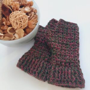 Red and Green twisted yarn, crochet fingerless gloves in a festive colourway of British wool.