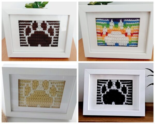 4 grid collage of Crochet Paw Print Pictures. Brown and Black paws with white backgrounds, golden Paw with cream border and white paw with rainbow surround.