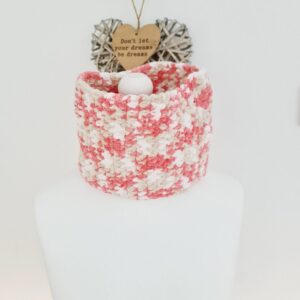 Chunky crochet cowl scarf on soft chenille yarn called Sweet Coral. Pink, Cream and white variegated colourway.