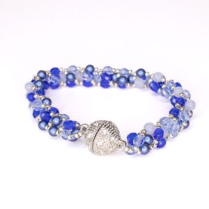 Beadwork bracelet in shades of blue with magnetic diamanté studded clasp
