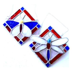 Framed butterfly dragonfly stained glass suncatcher tile patriotic British handmade