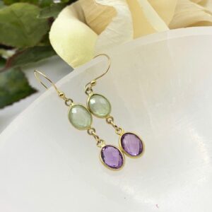 Purple Amethyst and Prehnite gold drop earrings