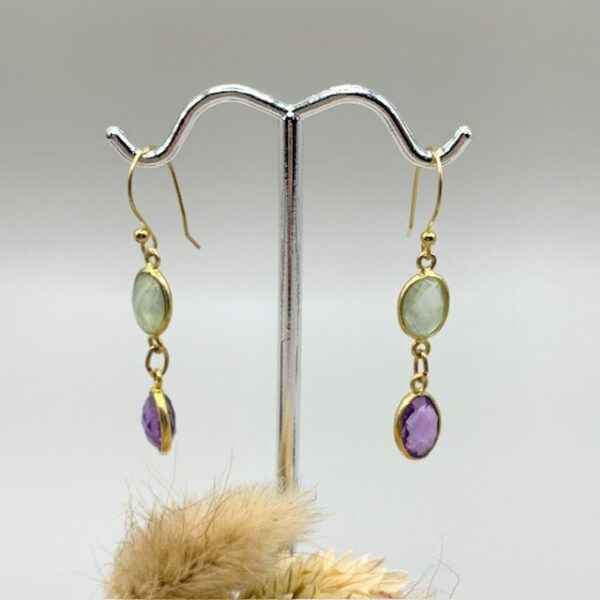 Purple Amethyst and Prehnite gold drop earrings