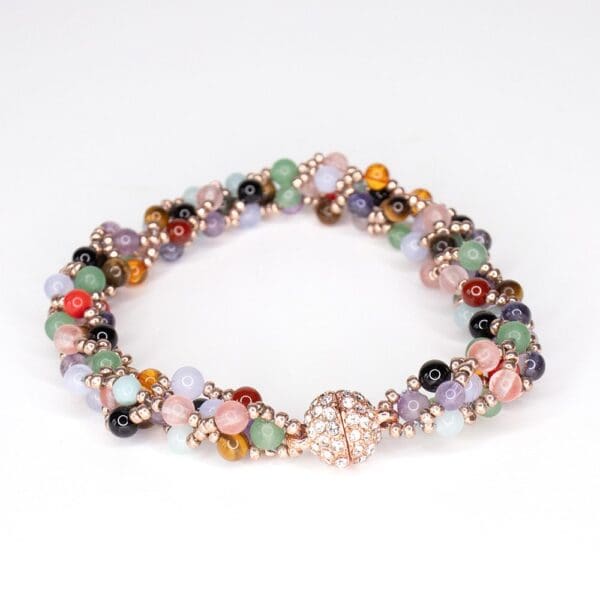 beadwork bracelet in mixed gemstone beads showing clasp.