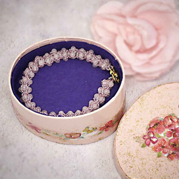 Rose quartz beadwork bracelet in up cycled box