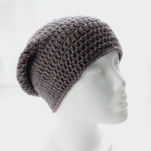Crochet slouchy beanie hat in cinder grey yarn by Sarah Lou Crafts.