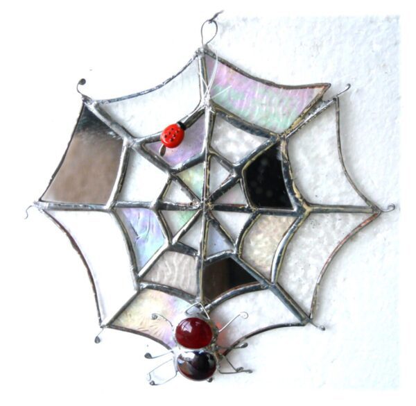 Spider's Web Suncatcher Stained Glass with Spider and Fly