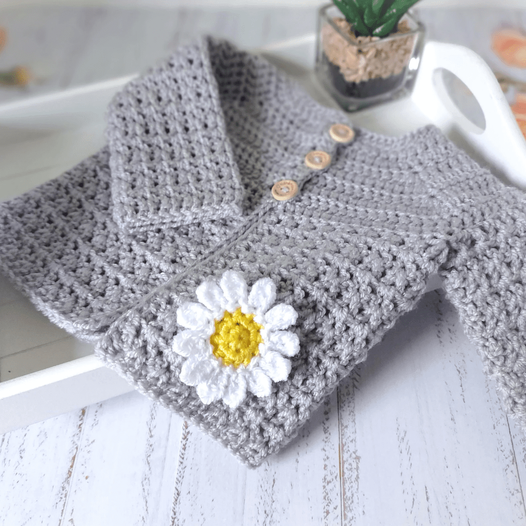 Newborn Baby Cardigan Crochet In Silver With A Daisy Applique 