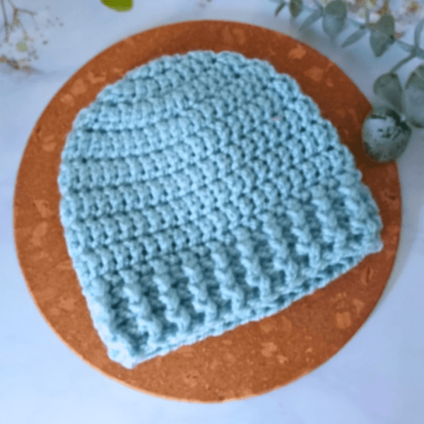 Duck Egg Blue Baby Beanie, 0-3 Months In Aran Yarn - Image 3