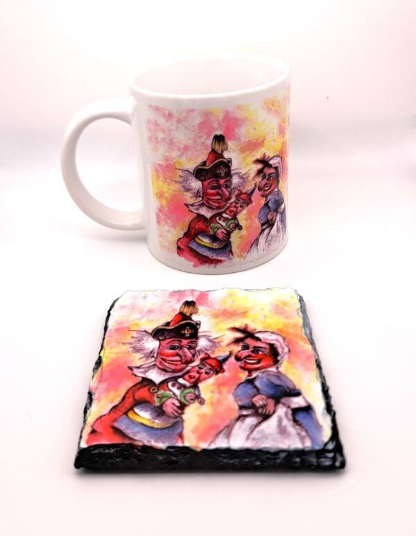 A Punch and Judy show on Weymouth Beach, Mug and Rock Slate Coaster with Gift Box set from my original watercolour painting. - Image 3