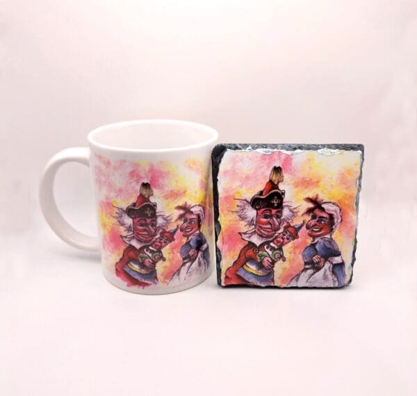 A Punch and Judy show on Weymouth Beach, Mug and Rock Slate Coaster with Gift Box set from my original watercolour painting.