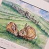 Original Hand Painted Watercolour illustration fine art print painting of Rabbits on the Sussex South Downs for charity - Image 4