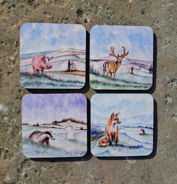 Four Coasters Gift Set of a lonely snowman on the Sussex South Downs from my original watercolour paintings. - Image 3