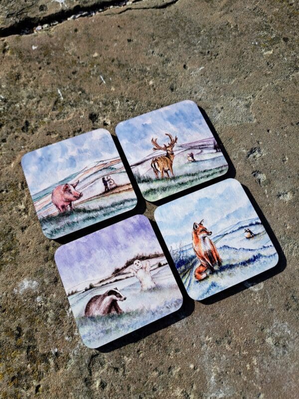 Four Coasters Gift Set of a lonely snowman on the Sussex South Downs from my original watercolour paintings.