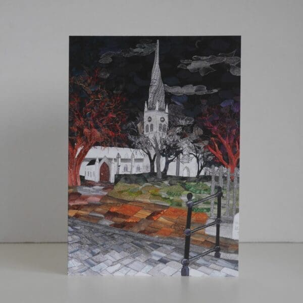 Greetings card showing textile art image of Chesterfield's crooked spire at night