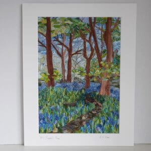Picture of woodland scene with carpet of bluebells, print of textile art, mounted in white