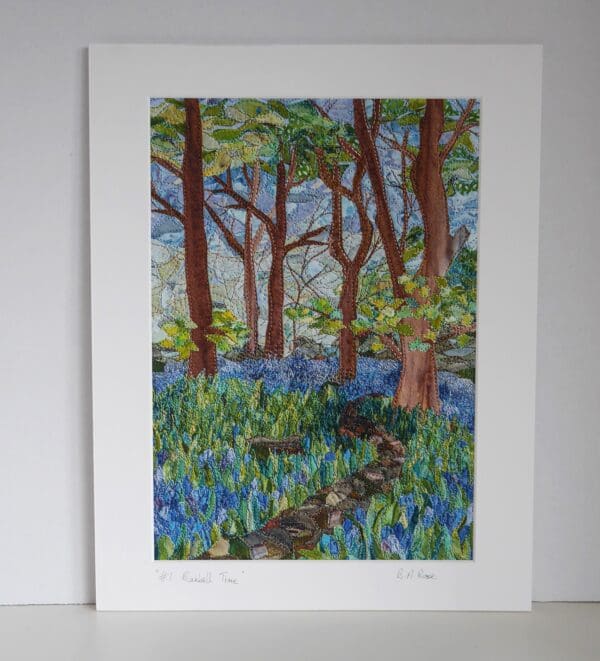 Picture of woodland scene with carpet of bluebells, print of textile art, mounted in white