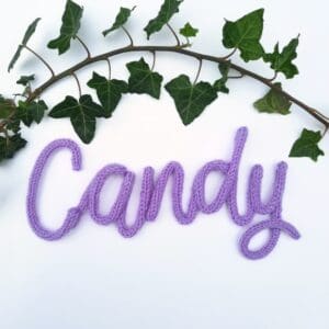 Knitted wire Halloween decoration with the word 'Candy'
