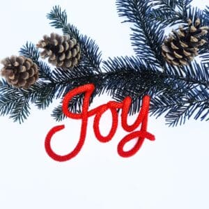 Knitted wire Christmas decoration with the word 'Joy'