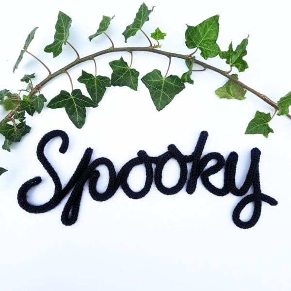 Knitted wire Halloween decoration with the word 'Spooky'