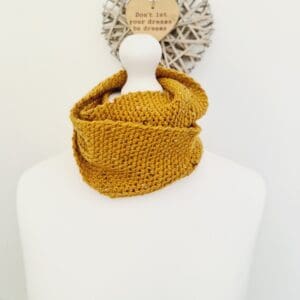 Crochet Cowl Scarf, neck warmer made by Sarah Lou Crafts using a mustard colour eco yarn from recycled plastic bottles.