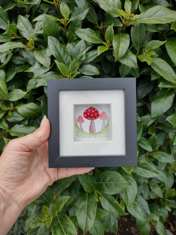 Three red and white toadstools hand painted in water colour paints, one of which is made up of a hand painted clam shell. Framed in a black box frame with mount.