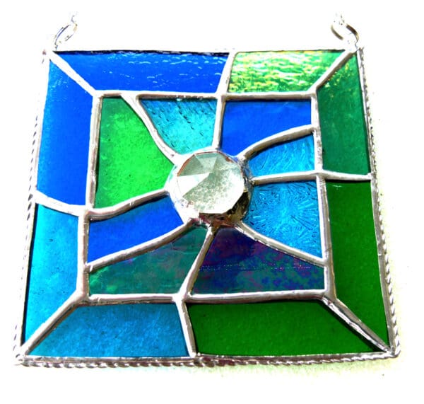 Jigsaw stained glass handmade abstract suncatcher gift sea colours blue green teal turquoise