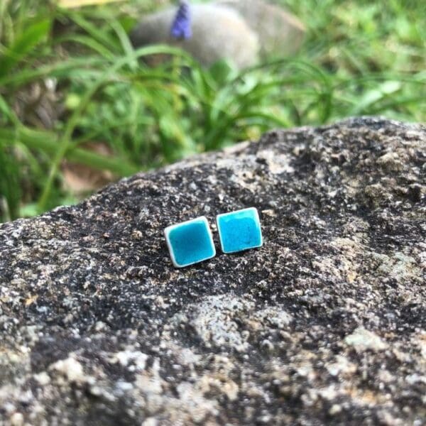 Mini silver turquoise enamel stud earrings in square shape. Option of blue or green turquoise enamel on recycled fine silver base. Recycled sterling silver stud fittings. Approximately 5mm in size.