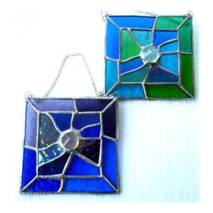 Jigsaw abstract stained glass suncatcher blue green purple handmade