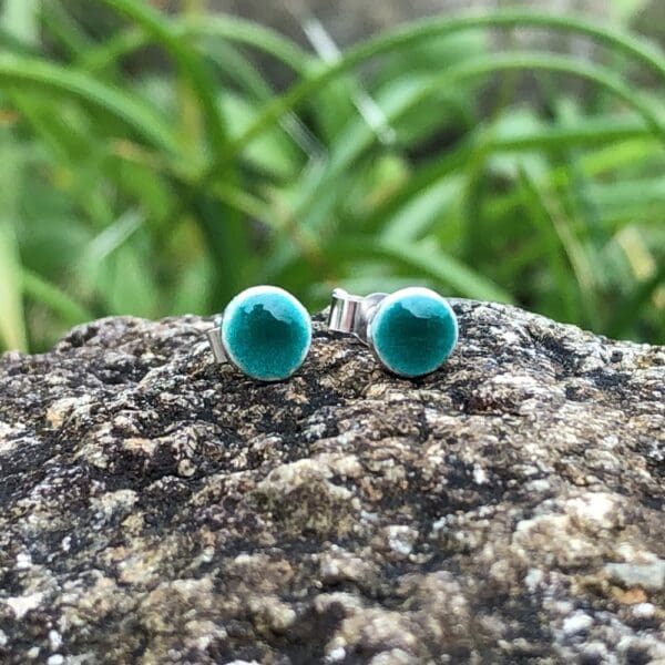 Mini silver turquoise enamel stud earrings in round or square shape. Option of blue or green turquoise enamel on recycled fine silver base. Recycled sterling silver stud fittings. Approximately 5mm in size.