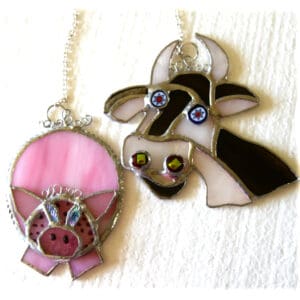 Pig cow farm animal stained glass suncatcher funky